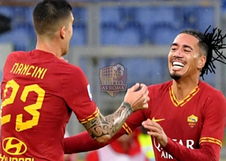 Chris Smalòling e Gianluca Mancini esultano al gol in Roma-Brescia - Photo by Getty Images