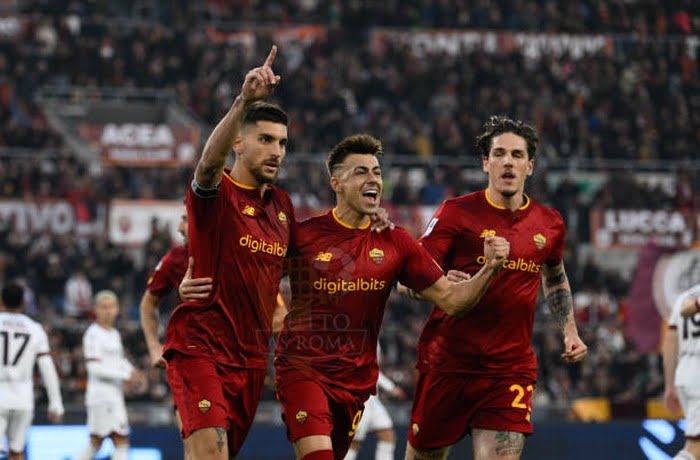Pellegrini, El Shaarawy e Zaniolo Esultano gol Roma-Bologna 04012023