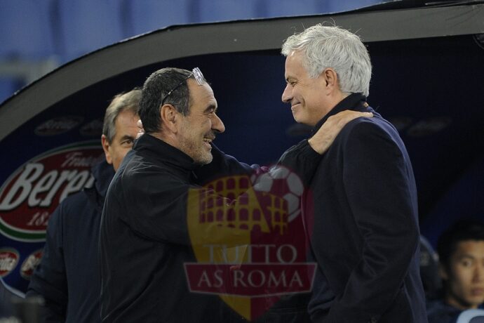 Mourinho e Sarri Saluti prima partita Lazio-Roma Coppa Italia 10012024