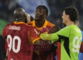 Lukaku, Abraham e Svilar Esultano fine partita Roma-Lazio 06042024