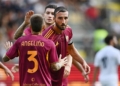 Cristante Esulta gol con Angeliño e Soulé Roma Meom 16082025